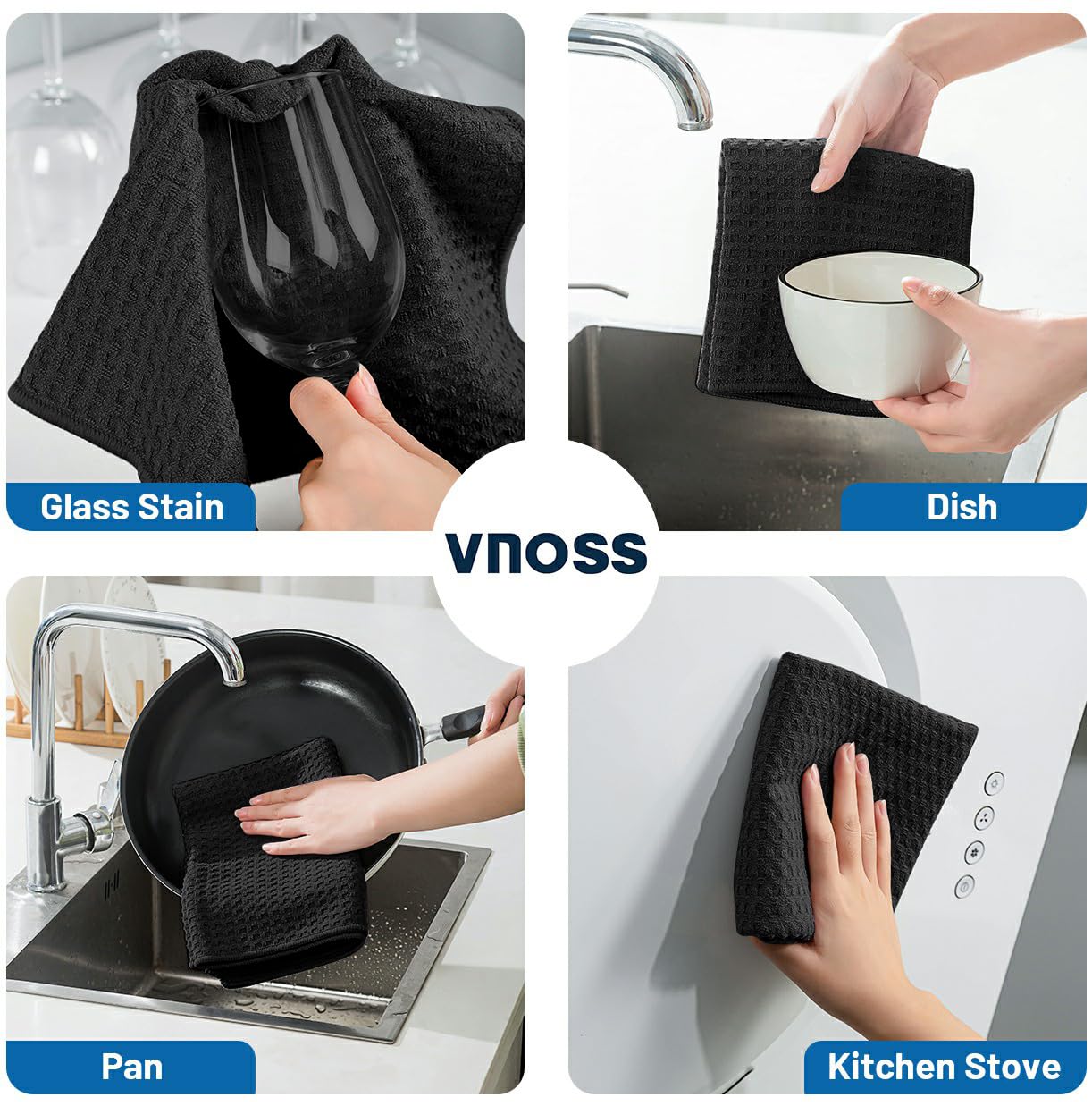 Waffle Weave Kitchen Towels and Dishcloths Set, 26 X 18 Inch and 12 X 12 Inch, Set of 10 Black Lint Free Dish Towels for Drying Dishes (Black, Kitchen Towel Set)