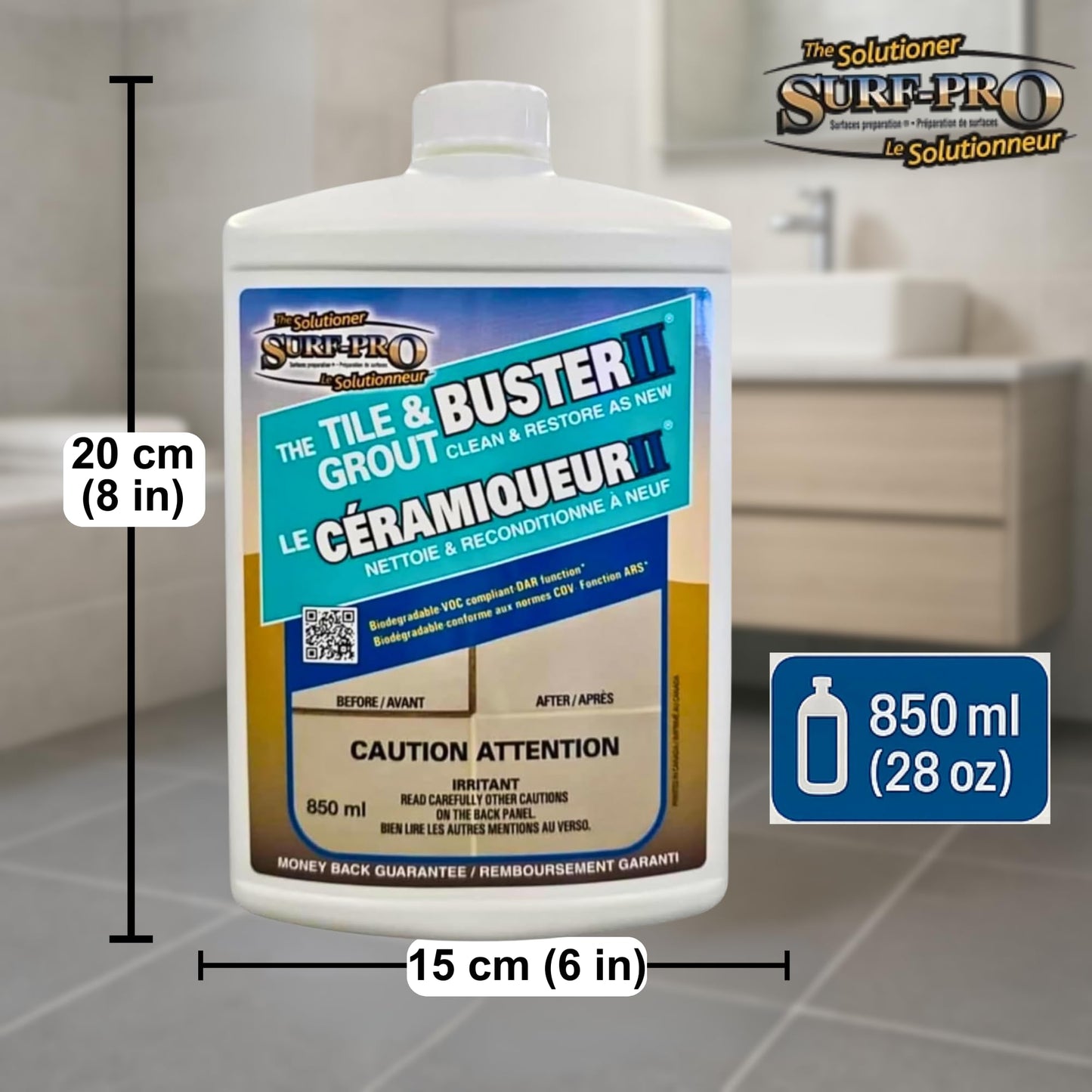Tile and Grout Buster Cleaner, 850 ml (28 oz) – Heavy-Duty Tile & Grout Stain Remover for Bathroom, Kitchen, Shower & Floors – For Ceramic, Porcelain, Stone & More – Made in Canada