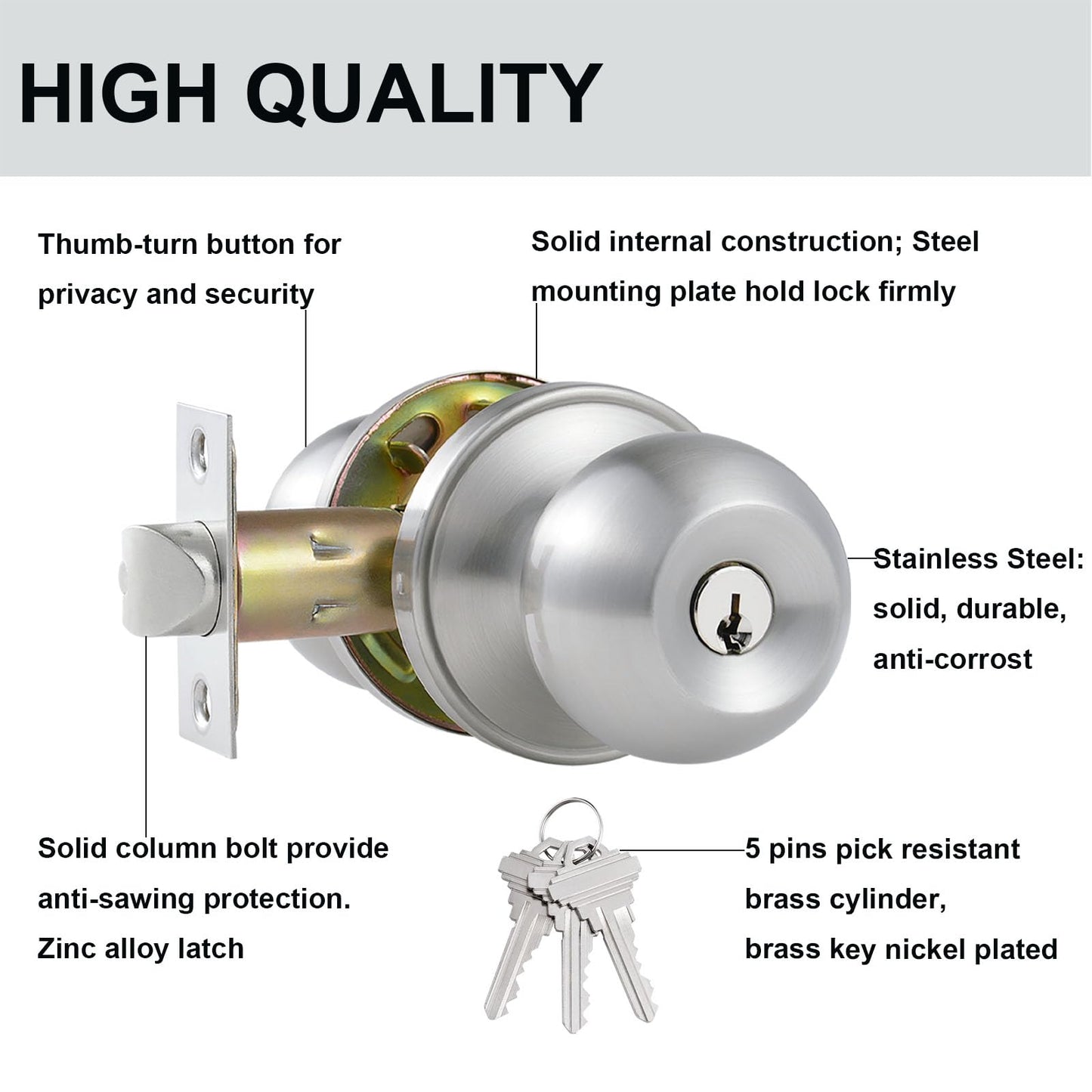 Comfhouse 2 Pack Stainless Steel Round Ball Entry Door Knob, Keyed-Alike Entrance Interior/Exterior Door Knob with Lock for Bedroom Bathroom, Front Entry Door Knobs with Lock Same Key, Satin Nickel