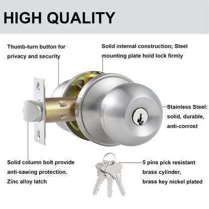 Comfhouse 2 Pack Stainless Steel Round Ball Entry Door Knob, Keyed-Alike Entrance Interior/Exterior Door Knob with Lock for Bedroom Bathroom, Front Entry Door Knobs with Lock Same Key, Satin Nickel