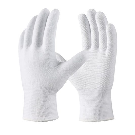 COOLJOB 12 Pairs Cotton Knit Work Gloves with Non-Slip Grip Dots, Breathable Lightweight Gloves for Construction Gardening, White, Medium Size