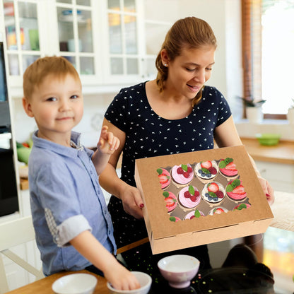 Jucoan 20 Pack Cupcake Boxes, 12 Counts Dozen Cupcake Containers with Window and Insert, Brown Bakery Pastry Treat Boxes for Muffins, Cookies, Donuts, Take Out Containers for Party