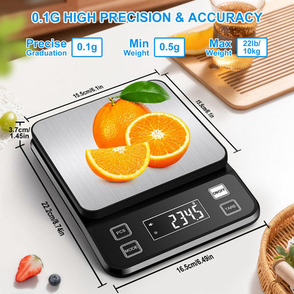 Rechargeable Food Scale, [0.1g-10kg/22lb] Diyife IP67 Full Waterproof Kitchen Scale with Adjustable LCD Display, 10 Units, Tare, PCS Counting, Auto Off, 304 Stainless Steel, Wall Mount for Cooking