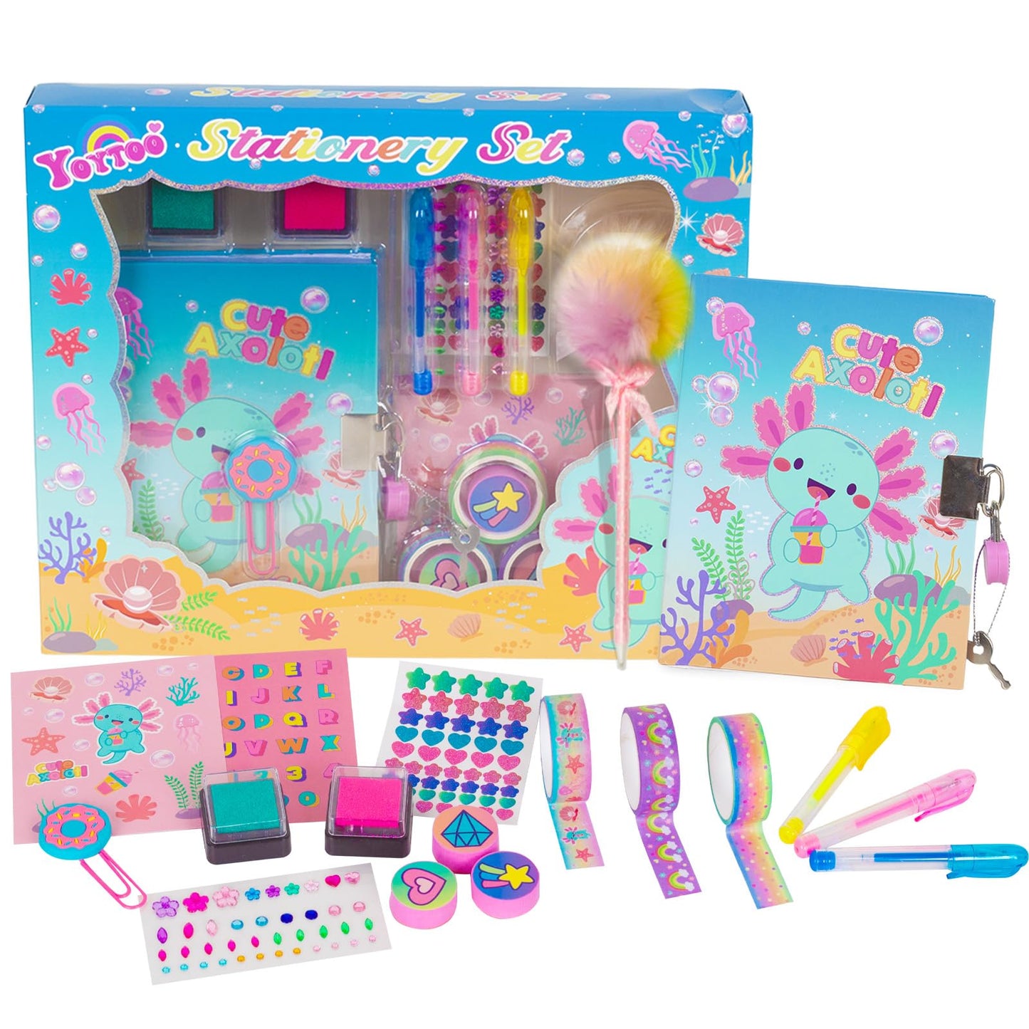 Axolotl Diary for Girls with Lock, Axolotl Stationery Set with Secret Diary, Stamps, Pens, Axolotl Journal Notebook Birthday Gifts for Little Girls Age 5 6 7 8 9 10-12