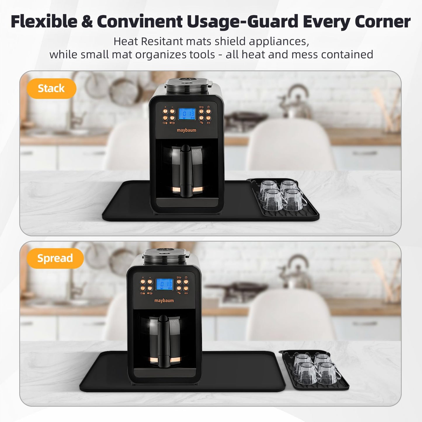 Silicone Coffee Mat 40 * 65 cm Coffee Maker Mat & Bar Mat Leak-Proof Spill-Proof Raised Edges 2 in 1 Removable Countertops Fits Under Coffee Maker for Bars/Restaurants/Cafe/Coffee Shop (Black)