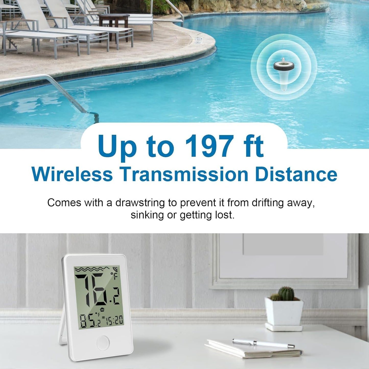 Pool Thermometer Floating Easy Read,Pool Temperature Thermometer Floating, Large Screen Digital Wireless Pool Thermometer Waterproof, Floating Pools Thermometers for Swimming Pools/Fish Tank/Hot Tubs
