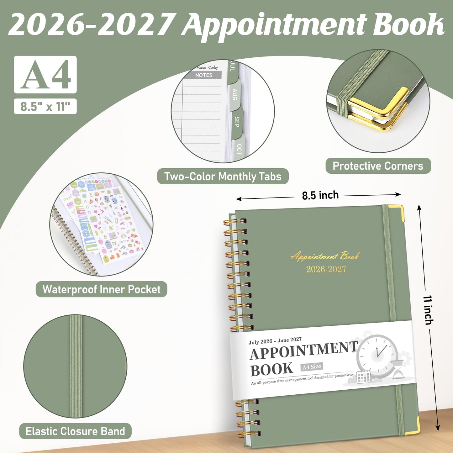 Appointment Book 2026-2027, Hourly Planner from July 2026 - June 2027, 8.5"×11" Large Weekly & Monthly Appointment Planner, Daily Agenda Book with 30-Minute Interval for Office School, Green