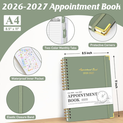 Appointment Book 2026-2027, Hourly Planner from July 2026 - June 2027, 8.5"×11" Large Weekly & Monthly Appointment Planner, Daily Agenda Book with 30-Minute Interval for Office School, Green