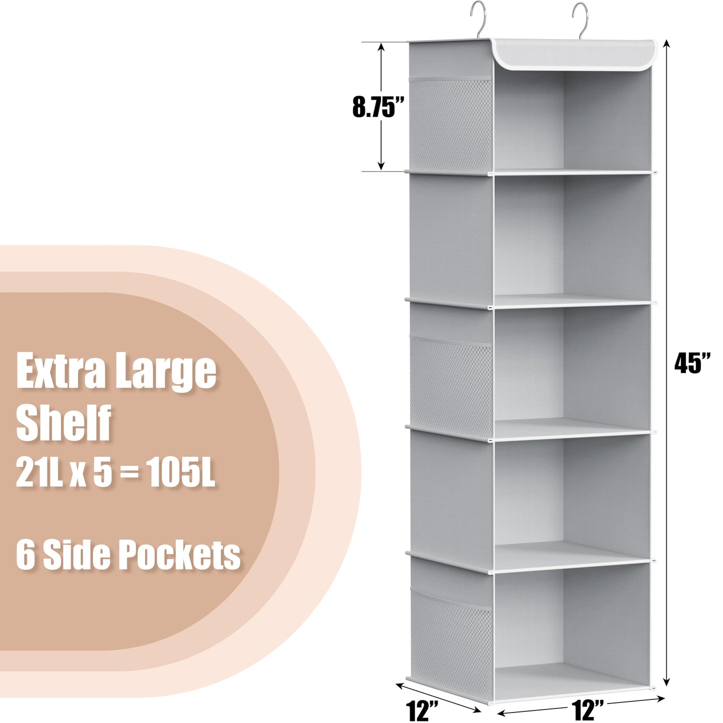 Simple Houseware 5 Shelves Hanging Closet Organizer, Grey