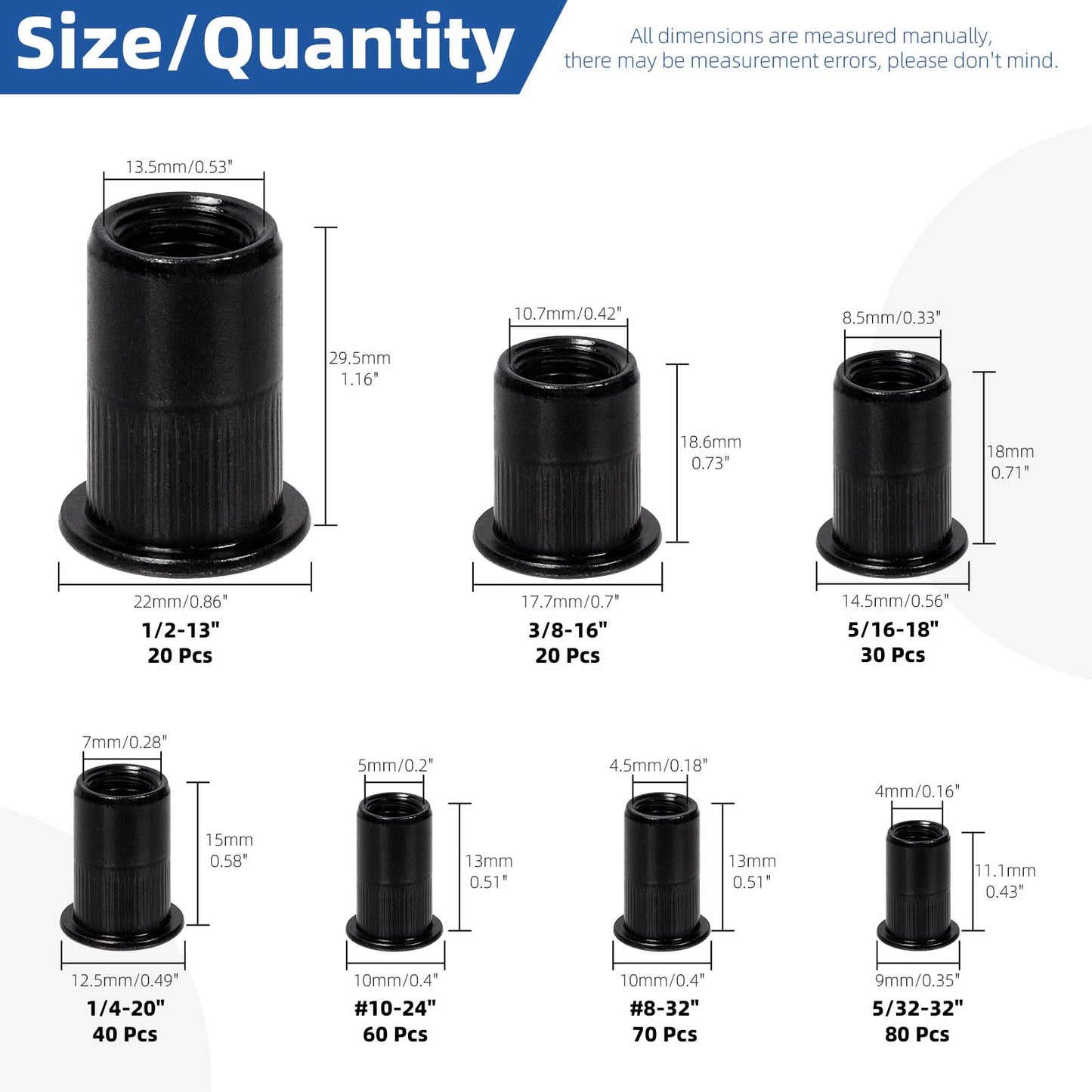 Glarks 320Pcs 5/32"-32UNC 8-32UNC 10-24UNC 1/4"-20UNC 5/16"-18UNC 3/8"-16UNC 1/2"-13UNC Rivet Nuts Kit Black Zinc Plated Carbon Steel Flat Head Rivnut Threaded Insert Rivet Nuts Assortment Set