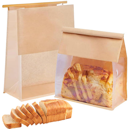 Bakery Bags with Window 50 Pcs, 11x8.66x4.33 Inches Kraft Brown Window Paper Bags with Tin Tie Tab Lock for Bread, Coffee Bean, Cookies, Snack