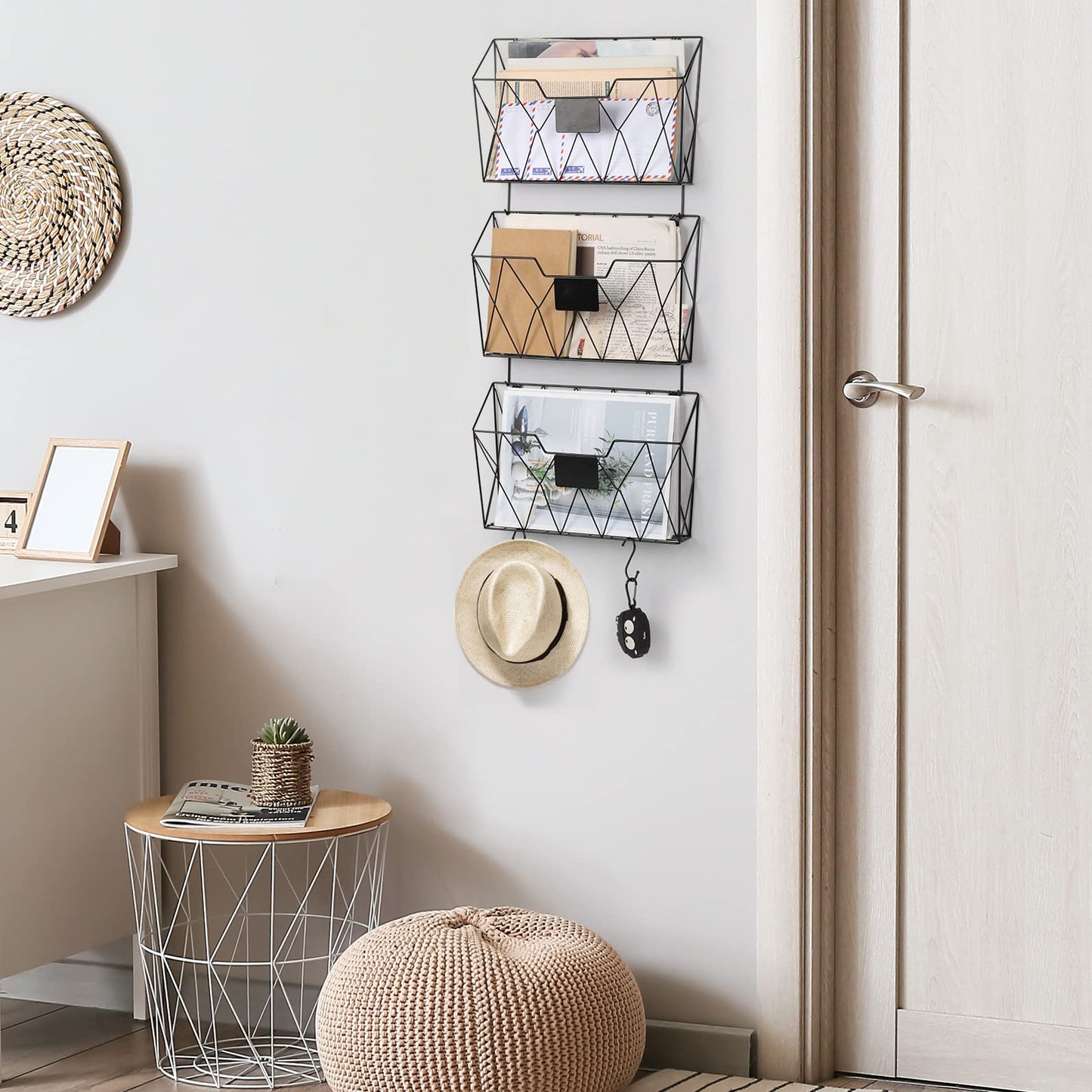 YBING Wall File Organizer for Office Hanging Wall File Holder and Basket Set of 3 Wall Mounted File Rack with Hooks Metal Wall Storage for Office Living Room, Black