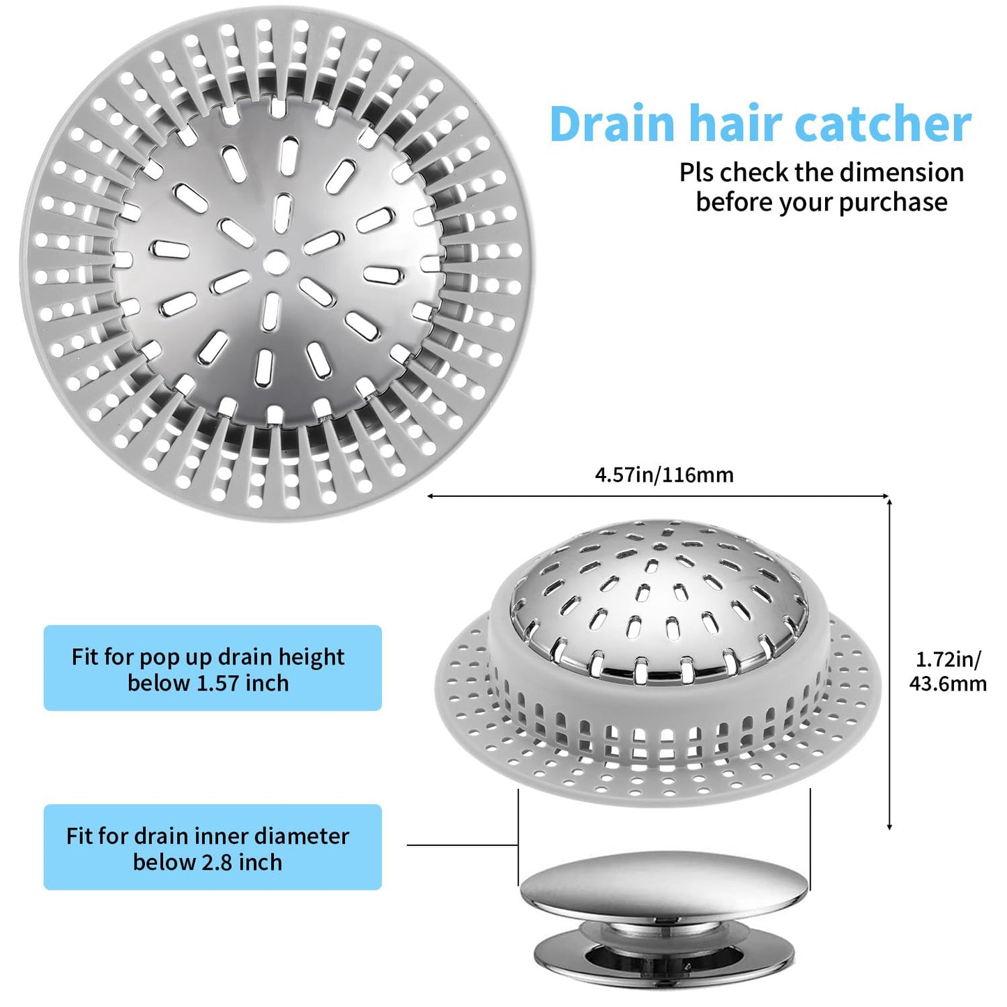 Aluvor Drain Hair Catcher, Bathtub Drain Cover Shower Drain Hair Trap Prevent Clogging Stainless Steel and Silicone Strainer Protector for Pop-Up & Regular Drains