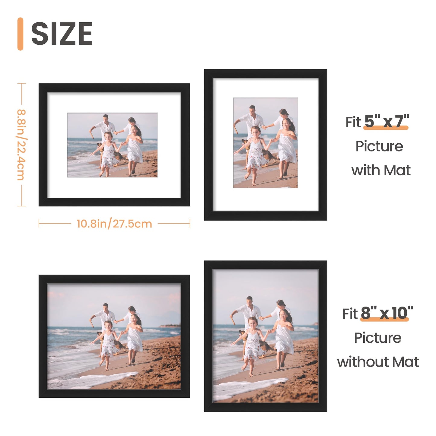 upsimples 8x10 Picture Frame Set of 5,Display Pictures 5x7 with Mat or 8x10 Without Mat,Wall Gallery Photo Frames, Black