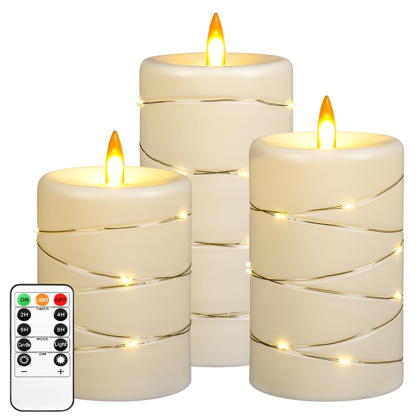 3 Pack Ivory Flameless Taper Candles, Upgraded Realistic Flame Wick LED Candles with Surrounding Copper String Lights, Remote Control Battery Operated Flickering Candles for Home Wedding Holiday Decor