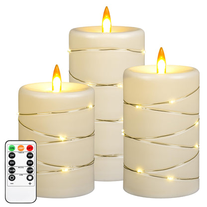 3 Pack Ivory Flameless Taper Candles, Upgraded Realistic Flame Wick LED Candles with Surrounding Copper String Lights, Remote Control Battery Operated Flickering Candles for Home Wedding Holiday Decor