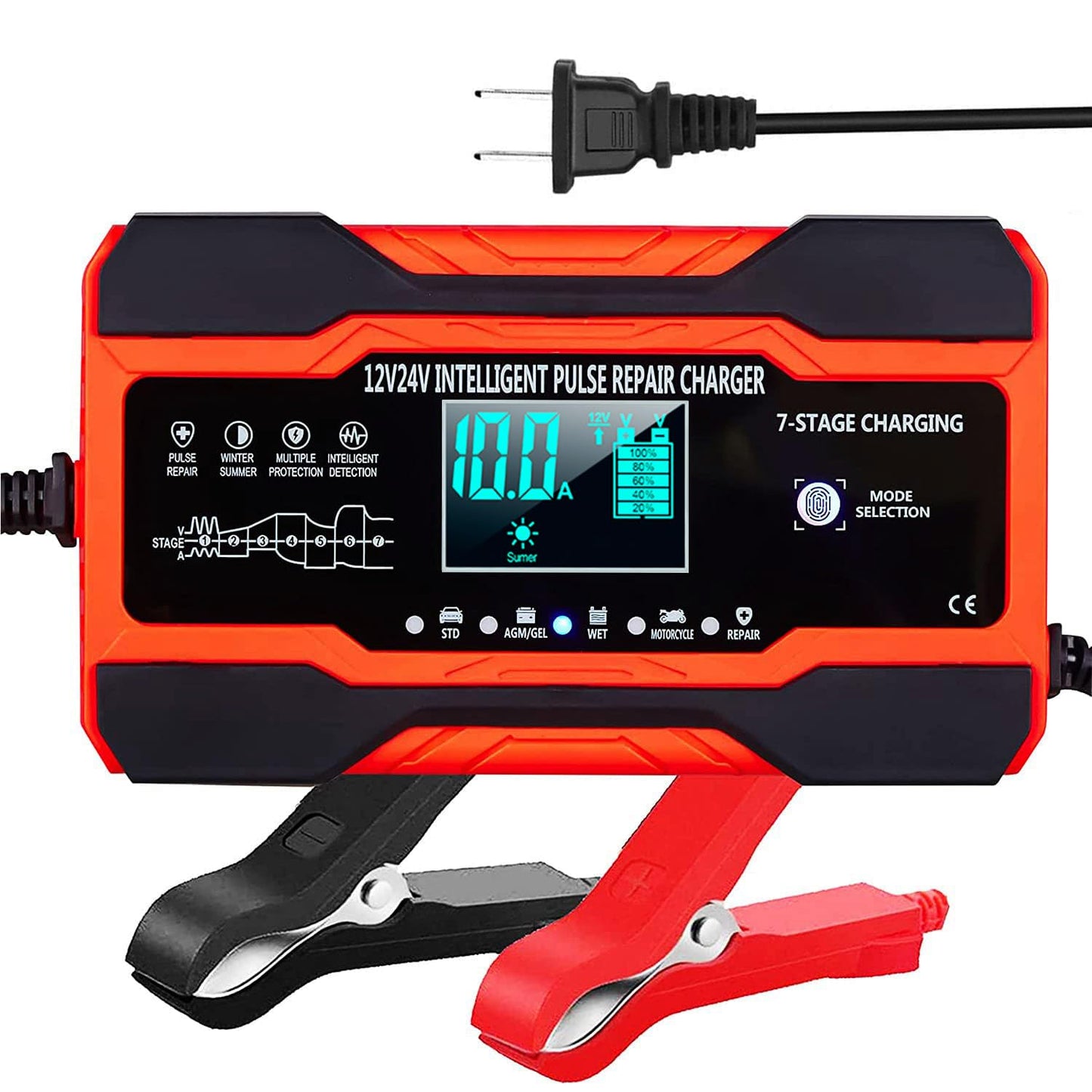 10-Amp 12V 24V Smart Car Battery Charger | Fully-Automatic Trickle Charger & Maintainer | Pulse Repair Desulfator for AGM Gel SLA Flooded Batteries