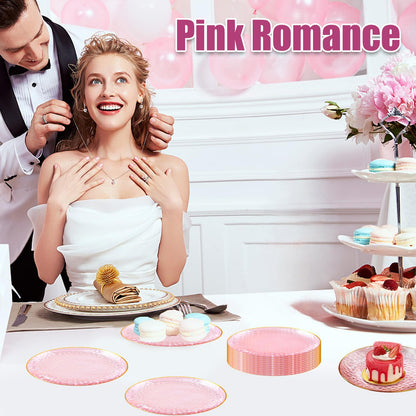 Auch 30 Pack Hammered Plastic Plates Heavyweight Disposable Plastic Plates Elegant Clear Rim Platsic Party Dishes, Hammered Pink with Gold Rim, 7.5 Inch Plates