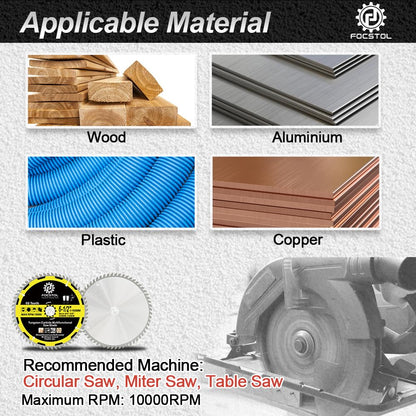 6-1/2 Inch Wood Cutting Circular Saw Blade - FOCSTOL 60 Tooth TCT Cutting Blade with 4/5 Inch Arbor for Wood Plastic Aluminum Copper