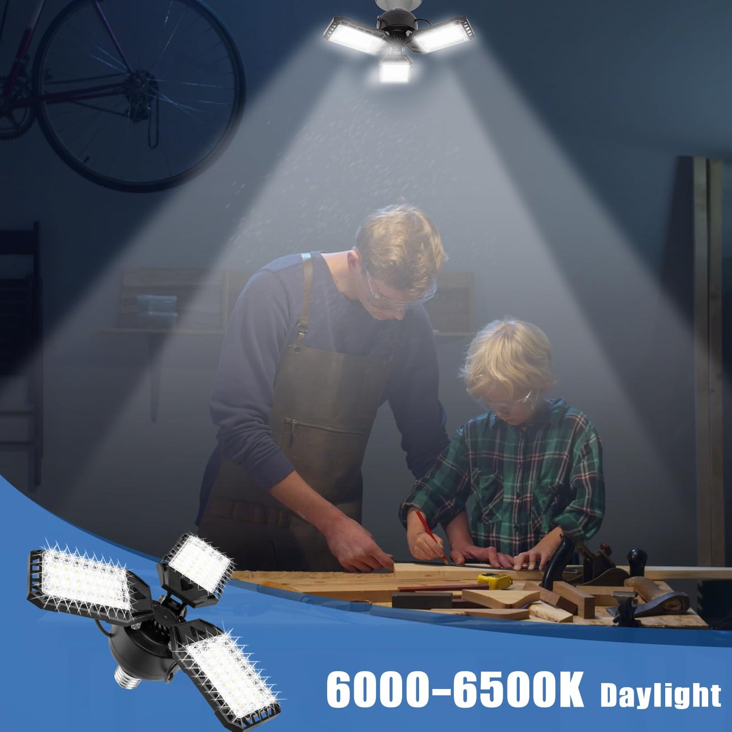 Aoretic LED Garage Lights Bulb-2 Pack Led Shop Light with 3 Deformable Panels, Basement Barn Light Garage Ceiling Lights, E26/E27 for Garage, Warehouse, Shop, Basement