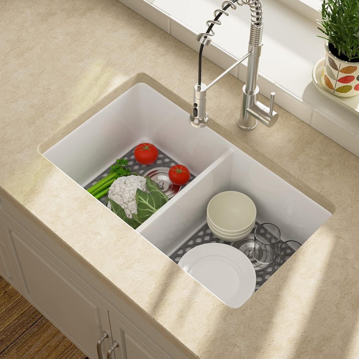 Wonninek Silicone Kitchen Sink Mat, 2 PCS Kitchen Sink Protector Grid Accessory with Rear Drain, Non-Slip Heat Resistant Sink Mats for Bottom of Farmhouse Stainless Steel Sink (Grey 13.6''x11.6'')