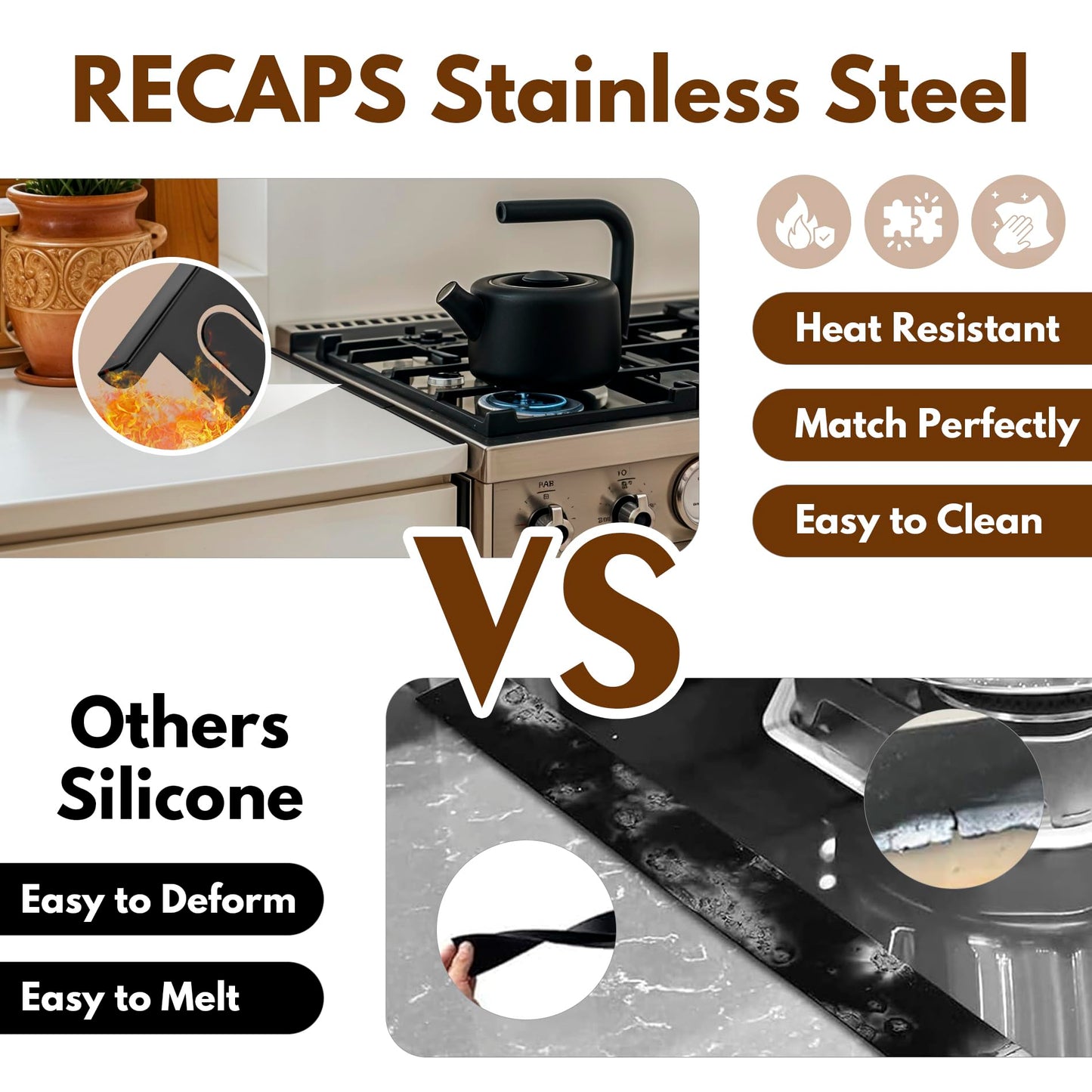 RECAPS Stainless Steel Extendable Stove Gap Covers Fliter 13.8"to 27.5"in, Stove Side Gap Covers for Kitchen, Heat Resistant Oven Crack Guard for Counter (2 Packs，Black）