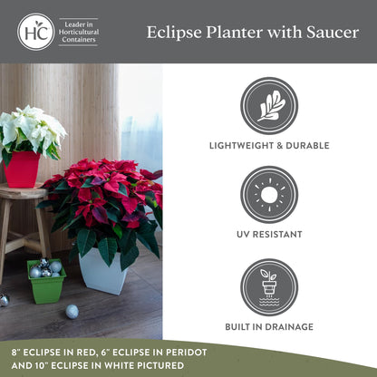 The HC Companies Eclipse Square Plastic Planter w/Attached Saucer - Outdoor & Indoor Plant Pot with Drainage Holes - Lightweight, UV-Resistant Plastic Pots for Plants (8" Red, Pack of 4)