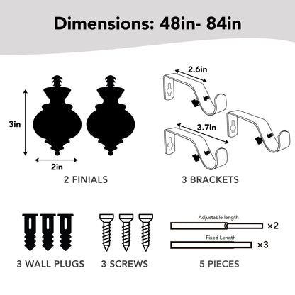 Deconovo Black Curtain Rods for Windows 48 to 84 Inches, Adjustable Decorative Single Window Curtain Rod Set, Curtain Rods 3/4 Inch Diameter Steel Tube with Black Finials