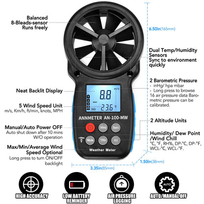 AIOMEST Handheld Wind Speed Chill Temperature Meter Tester, Digital Anemometer for Air Flow, Velocity, Air Pressure, Humidity Altimeter Gauge, AI-100WM