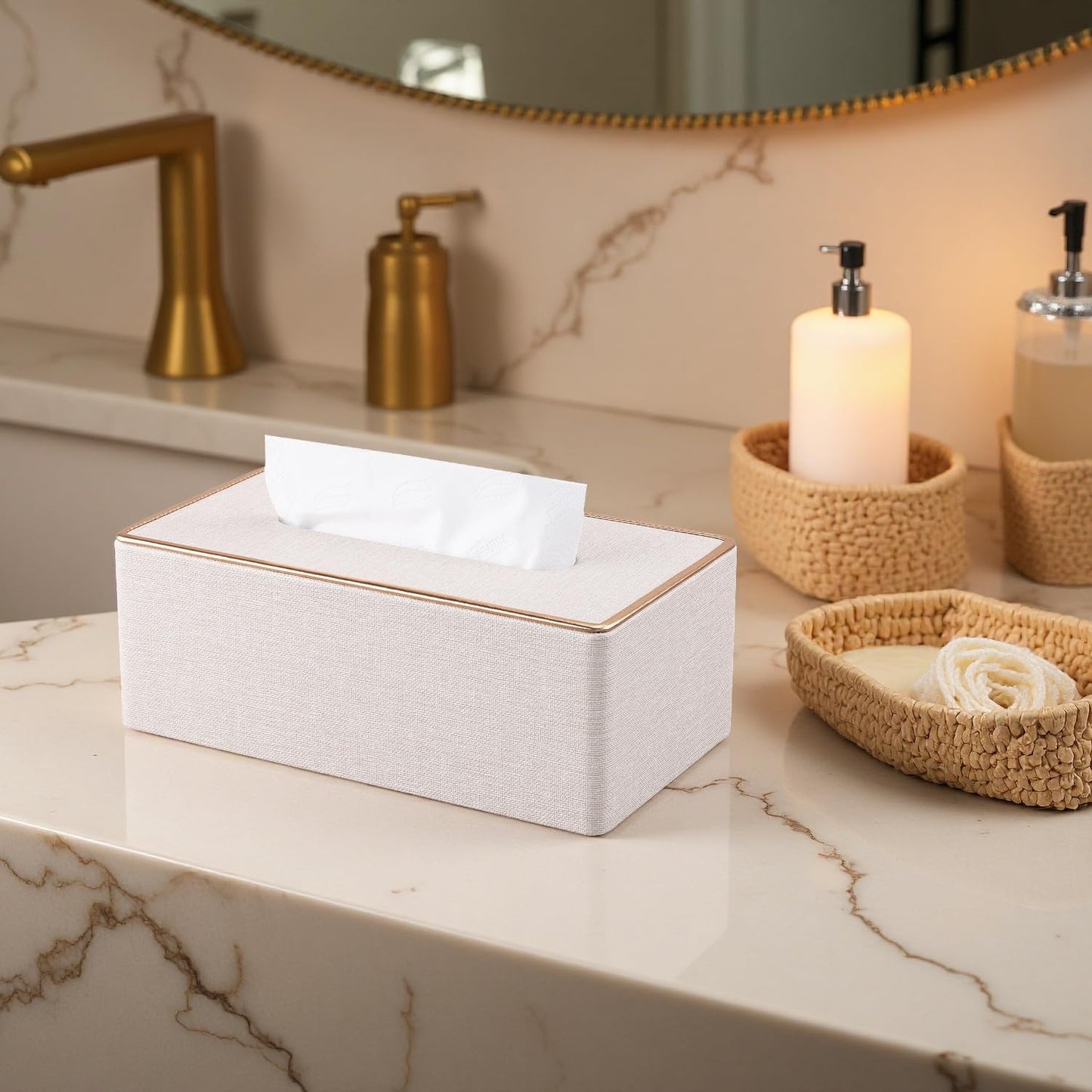 KINGFOM Rectangular PU Leather Tissue Box Holder, Facial Tissue Case Napkin Dispenser for Home Office Car Automotive Decoration with Gold Line(Pearl White-L)