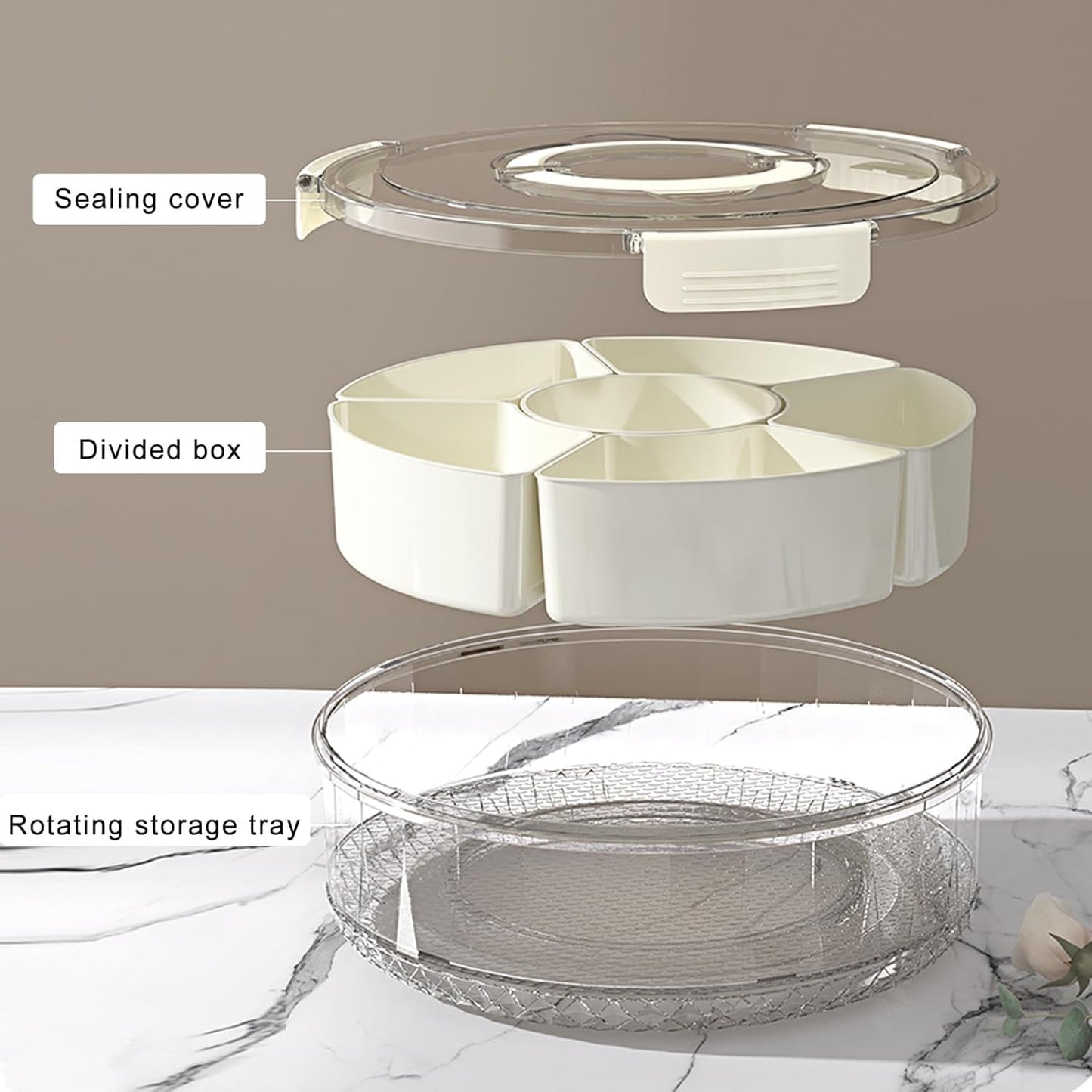 POLCANUR Divided Rotating Snack Storage Box with Lid and Handle, 360° Portable Clear Spinner Serving Tray for Fruits Veggie Charcuterie, Relish Tray, 6 Compartments