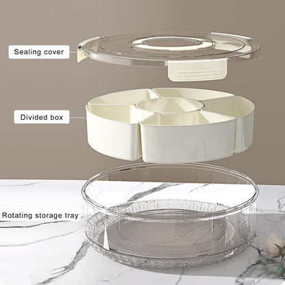 POLCANUR Divided Rotating Snack Storage Box with Lid and Handle, 360° Portable Clear Spinner Serving Tray for Fruits Veggie Charcuterie, Relish Tray, 6 Compartments