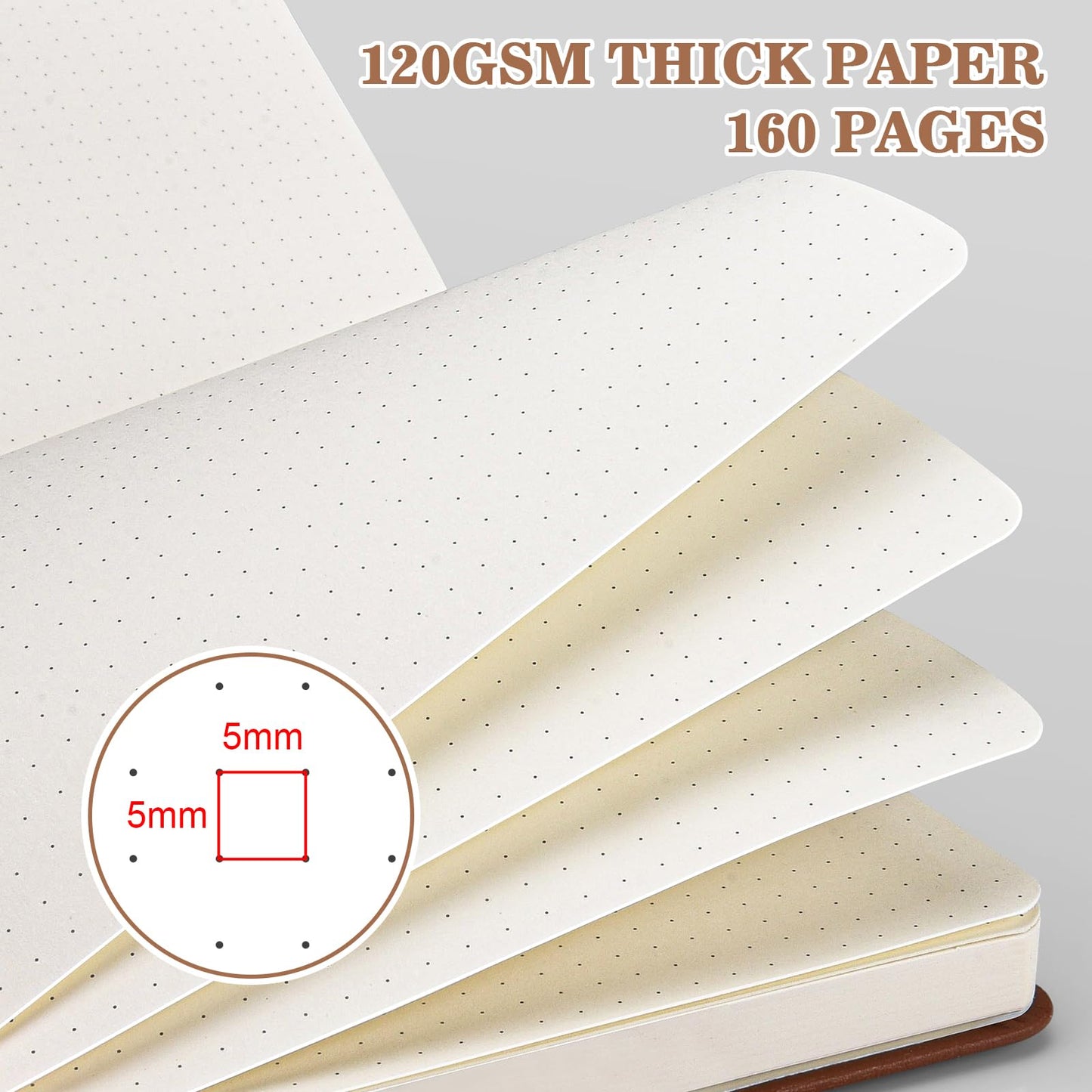 Bullet Dotted Journal Notebook 4 Pack: 160 Pages Per Pack, A5 Medium Size(5.75" × 8.38"), 120 GSM Thick Paper, Leather Dotted Notebook, Hardcover Dot Grid Notebook, Dot Journal for Wrting, Gift