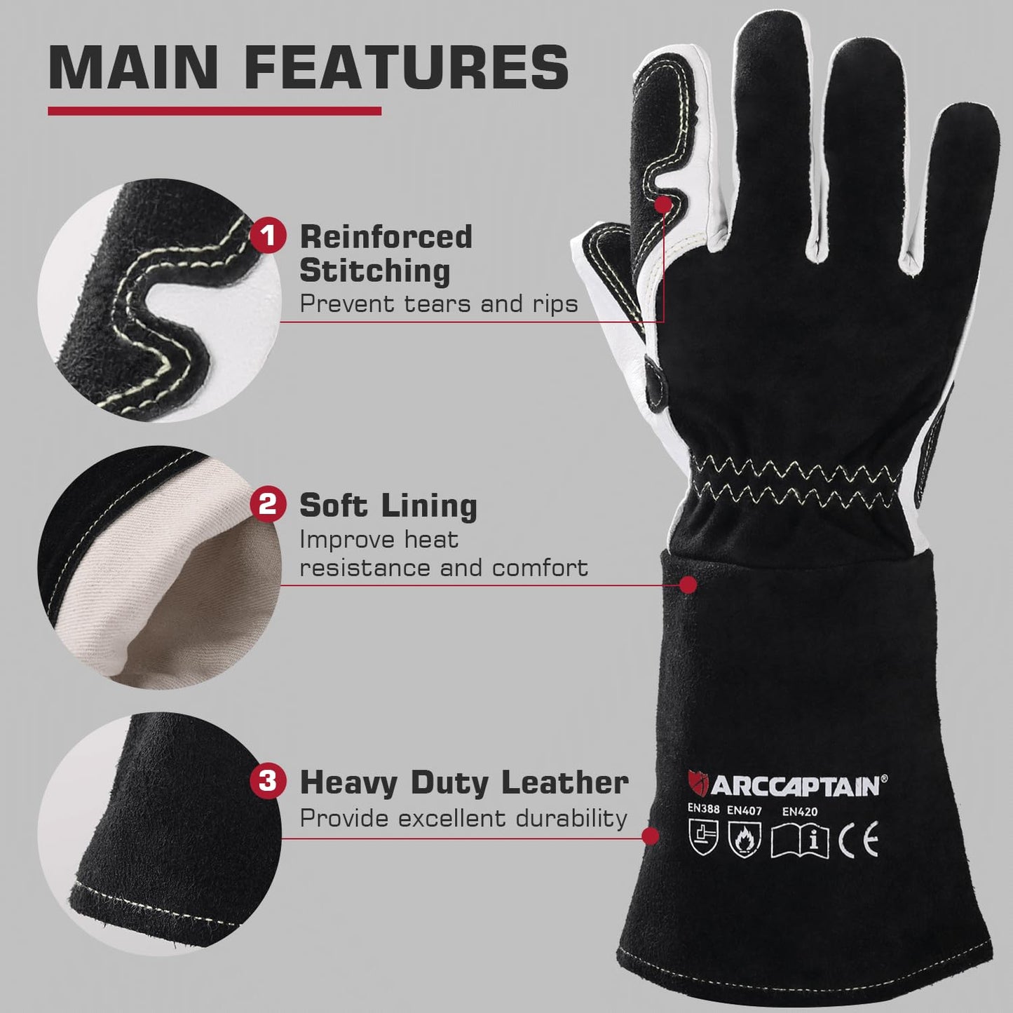 ARCCAPTAIN Tig Welding Gloves Premium Goatskin Grain Leather, Dexterity, Comfort, Duralble Tig Gloves for Work Protection