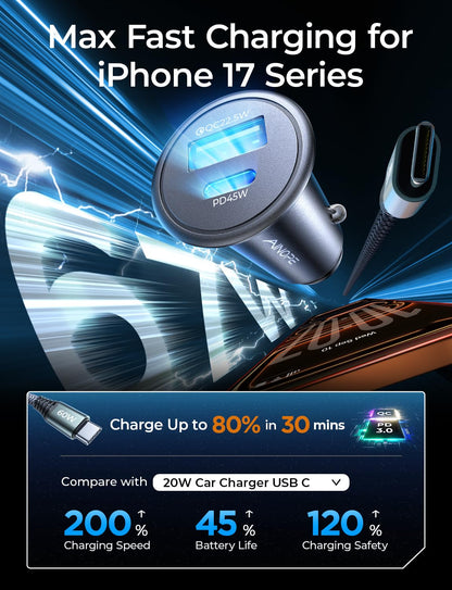 AINOPE 67.5W Mini Car Charger USB C Fast Car Charger (with 60W USB C Cable) for iPhone 17 Car Charger, All Metal Cigarette Lighter Adapter, Car Accessories Adapter for iPhone 17 16 Samsung Android