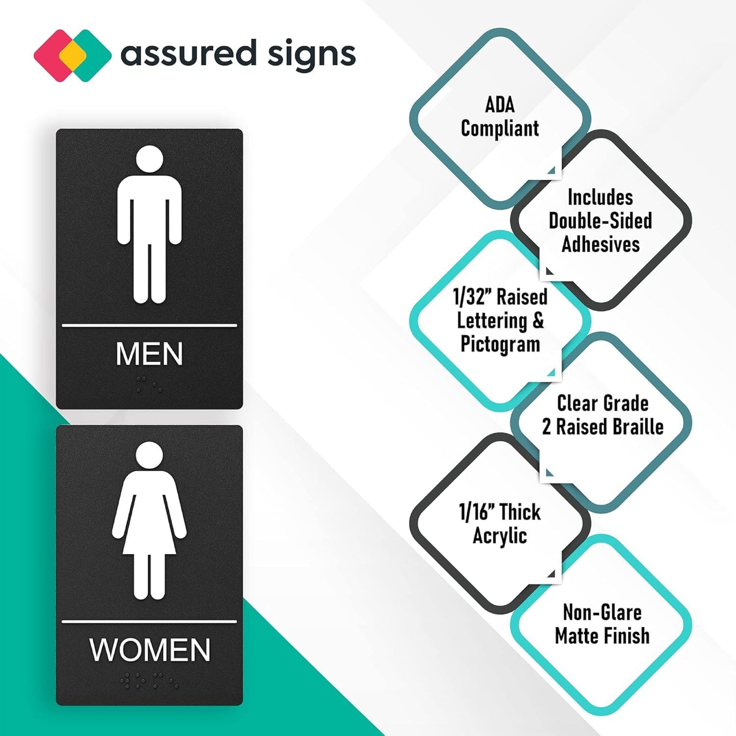 Washroom Sign, Bathroom Signs For Business - Ideal Restroom Sign For Men and Women - 2 Pack - 9" by 6" - ADA Compliant with Braille and Handicap Symbol - Strong Double-Sided Adhesives - Apply to Door or Wall