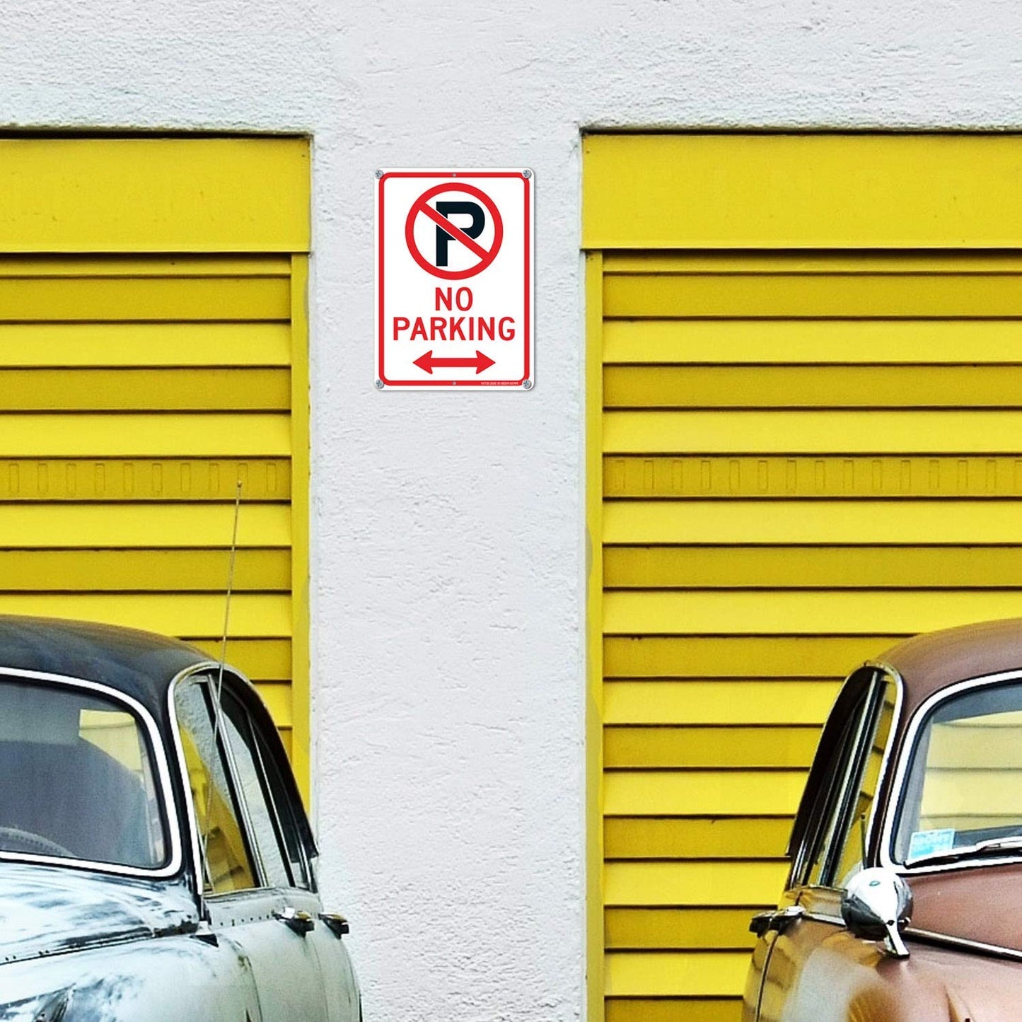 (4 Pack) No Parking Sign with Symbol with Arrows Sign, 10 x 7 Inches Reflective .40 Rust Free Aluminum, UV Protected, Weather Resistant, Waterproof, Durable Ink, Easy to Mount
