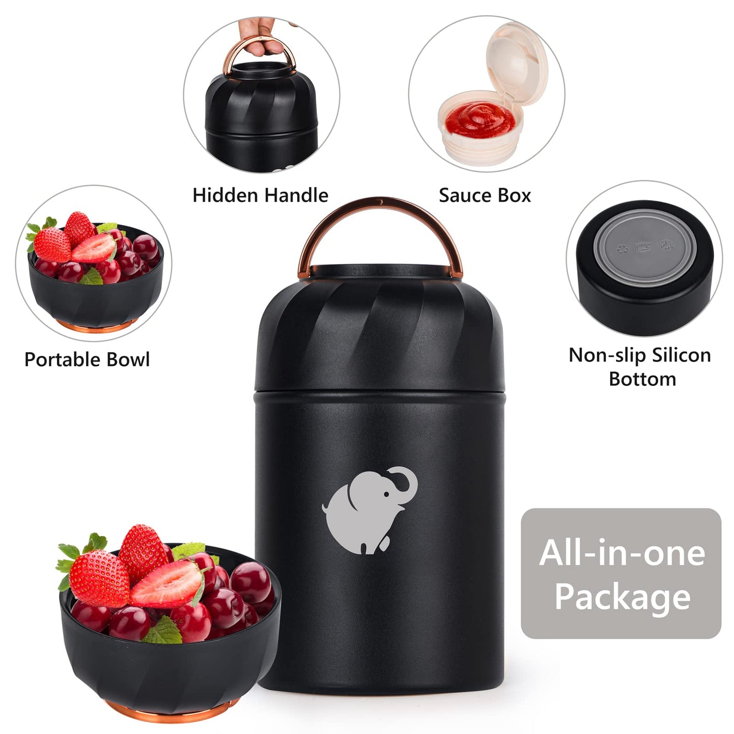 Thermo Food Container - Insulated Food Container With Foldable Fork& Spoon, Leak Proof Food Thermo, Portable Wide Mouth Soup Container With Handle For Outdoors Indoors Office Picnic (Black, 17OZ)