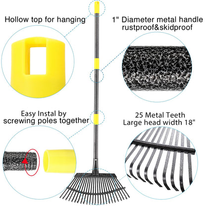 Rake for Leaves, 25 Tines 18" Wide Metal Leaf Rake with 32 Gallon Lawn and Leaf Bags & Leaf Scoops, Garden Adult Kids Lawn Shrub Yard Landscape Rake Heavy Duty Long Handle 30-60