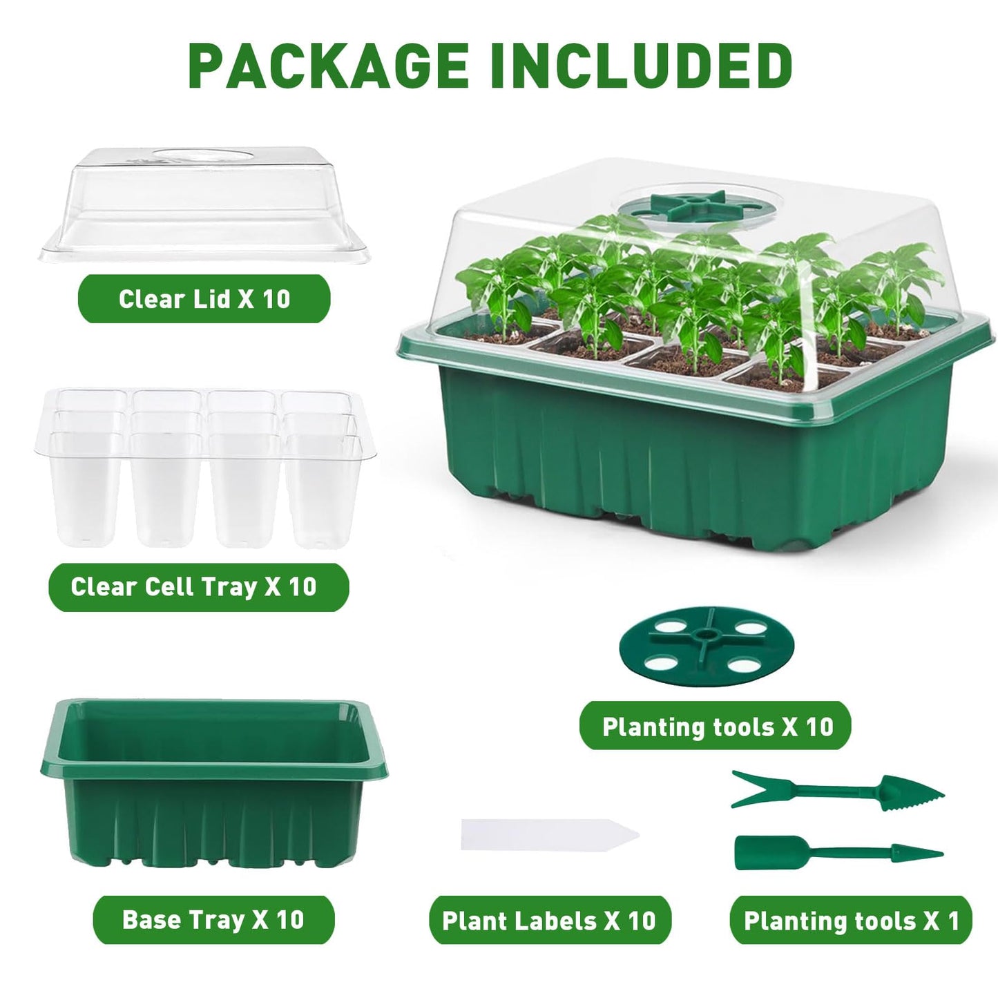 Seed Trays, 10 Pack Plant Seed Starter Tray with Humidity Domes, 120 Cells Total + Planting Tools & Labels, Reusable Indoor Seedling Germination Kit