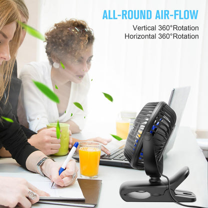 BESKAR USB Powered Clip on Fan, Portable Small Fan with Cord, 3 Speeds Strong Airflow, Personal Fan with Sturdy Clamp, Quiet Desk Fan & Clip Fan