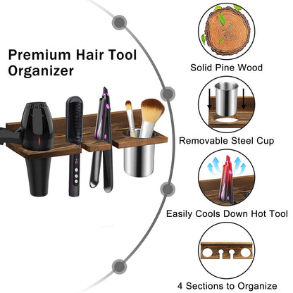 Wooden Hair Tool Organizer, Wall Mounted Styling Tools Organizer for Bathroom, Rustic Blow Dryer Holder for Flat Iron, Curling Wand, Straighteners (Rustic Brown)