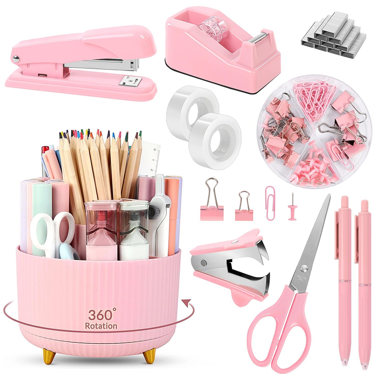 SKYDUE Pink Desk Accessories 10Pcs, 360-Degree Rotating Pen Holder, Stapler, Staple Remover, Tape Dispenser,2pcs Tape Refills, Binder Paper Clips Kit, Scissor,Pink Office Supplies