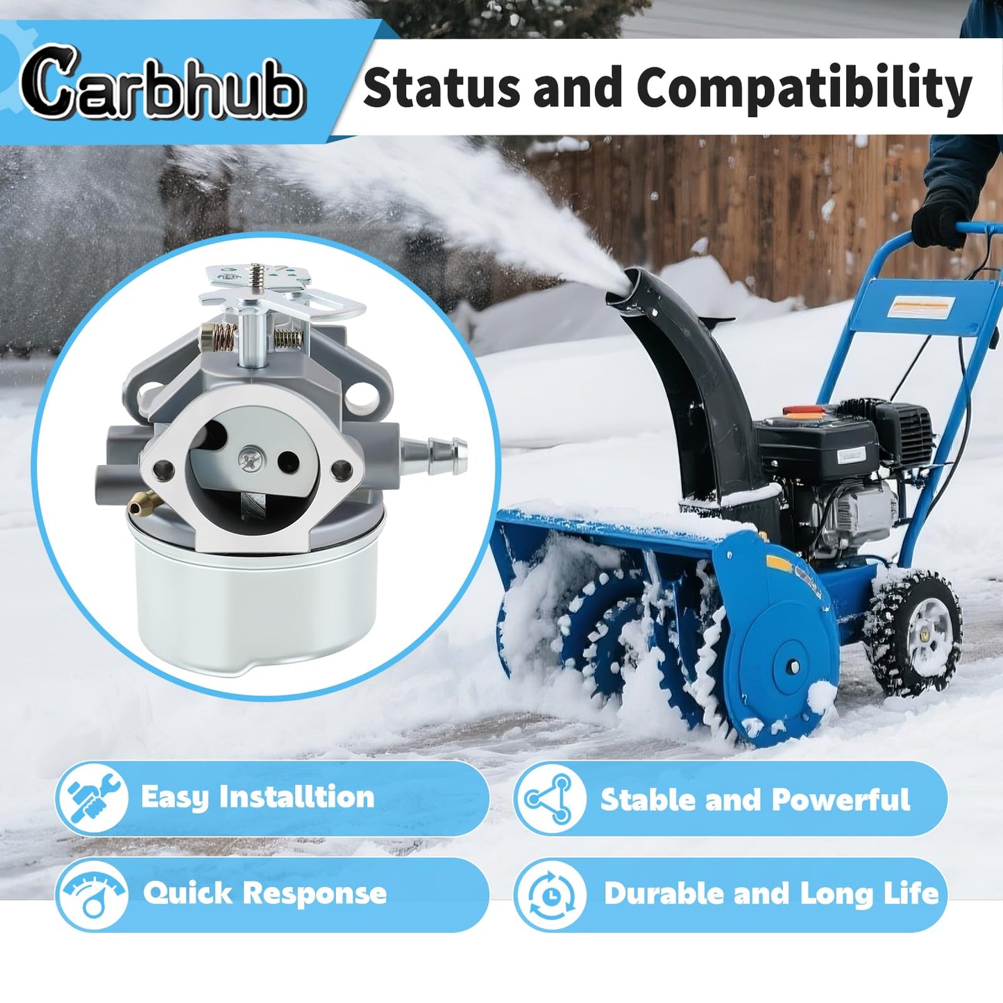 Carbhub 640052 Carburetor for Tecumseh HMSK80 HMSK90 HMSK100 LH318SA LH358SA Snow Blower Thrower 8HP 9HP 10HP Engine Tecumseh 640054 640349 Carburetor with Primer Bulb - 640052 Carburetor