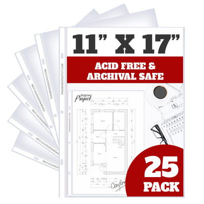 11 x 17 Sheet Protectors, Portrait View,25 Pack, Top Loading, Protect, Store and Display 11X17 Paper, Photographs, Prints, and Documents