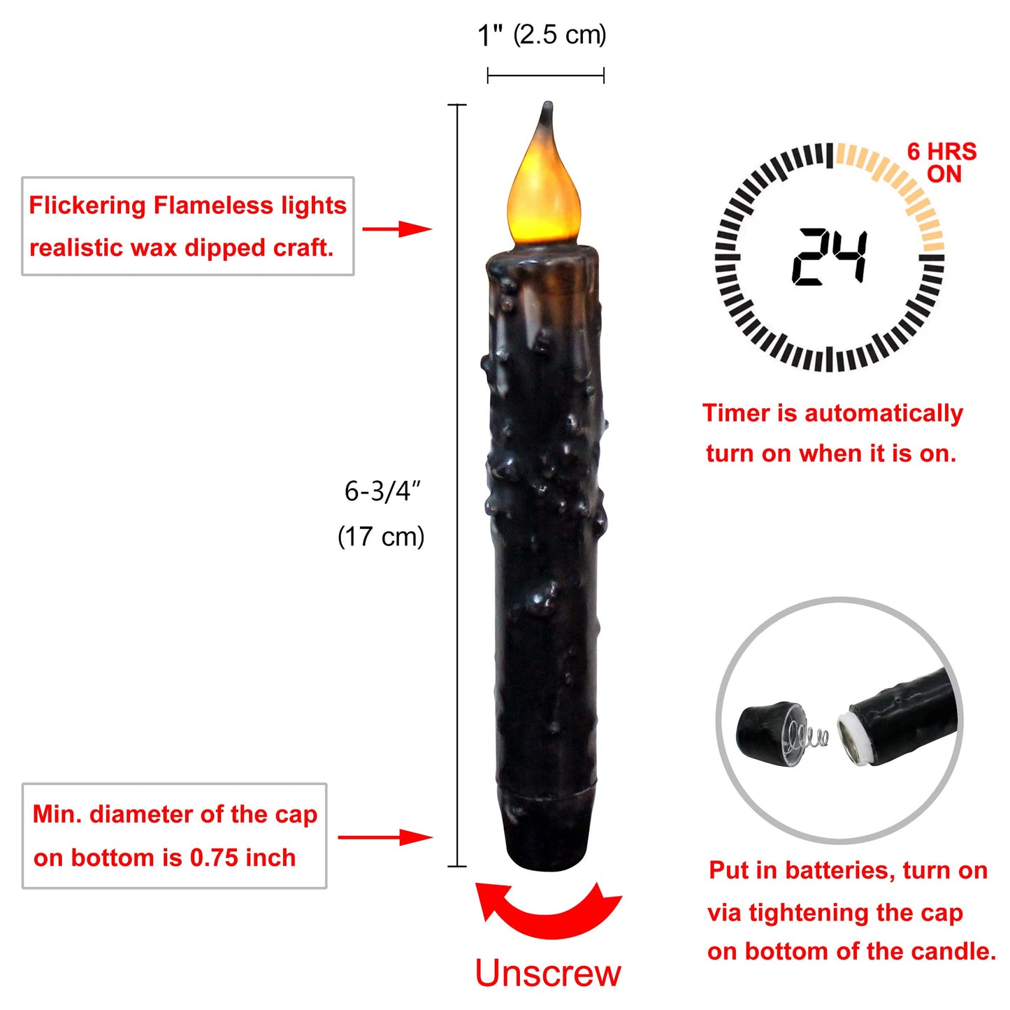 CVHOMEDECO. Real Wax Hand Dipped Battery Operated LED Timer Taper Candles Country Primitive Flameless Lights Décor, 6-3/4 Inch, Matt Black, 2 PCS in a Package