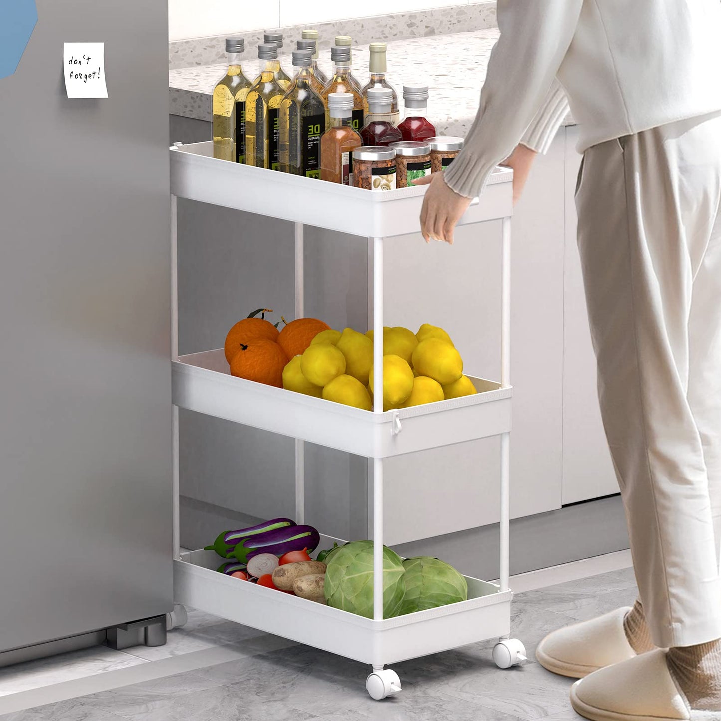 SPACELEAD 3 Tier Rolling Cart with Wheels, Storage Craft Art Cart Trolley Organizer Serving Cart, 3 Hanging Baskets Easy Assembly, for Office, Living Room, Kitchen, White
