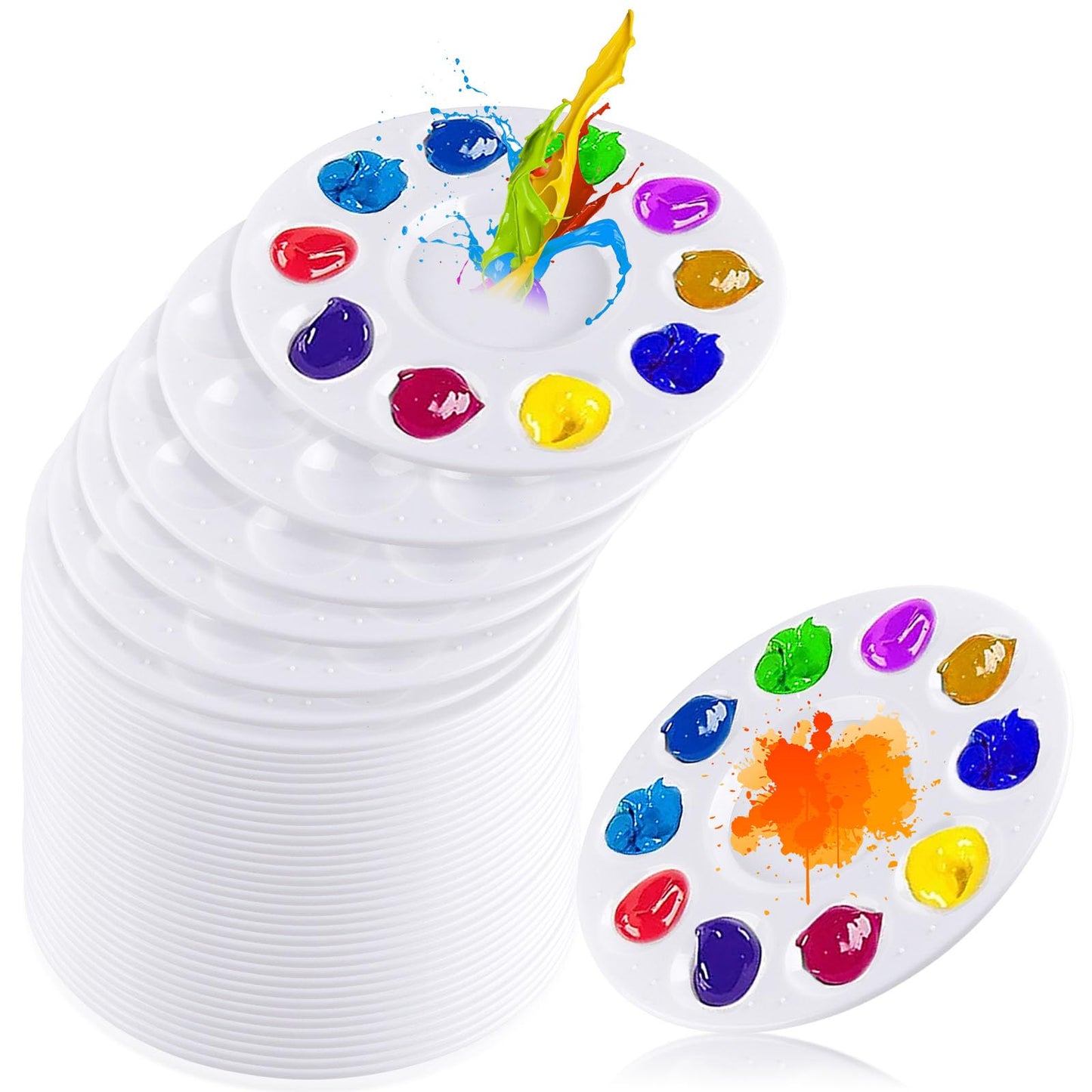 Supkiir 40pcs Plastic Paint Palette Tray, Round Watercolor Paint Tray with 10 Wells, Watercolour Palette Art Supplies for Acrylic Oil DIY Craft Painting Paints Brushes