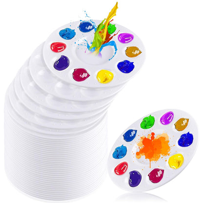 Supkiir 40pcs Plastic Paint Palette Tray, Round Watercolor Paint Tray with 10 Wells, Watercolour Palette Art Supplies for Acrylic Oil DIY Craft Painting Paints Brushes