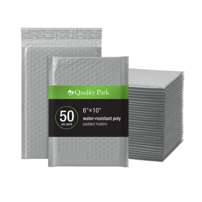 Quality Park Bubble Mailers, 6" x 9", Gray Poly Mailers, Padded Envelopes, Shipping Bags, Water Resistant, Self Seal, 50 Per Box (QUA85911)